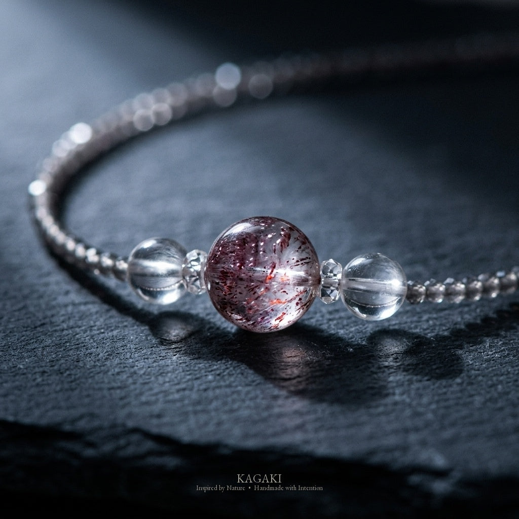 KAGAKI Seven super seven crystal necklace, studio styled view, handmade super seven crystal