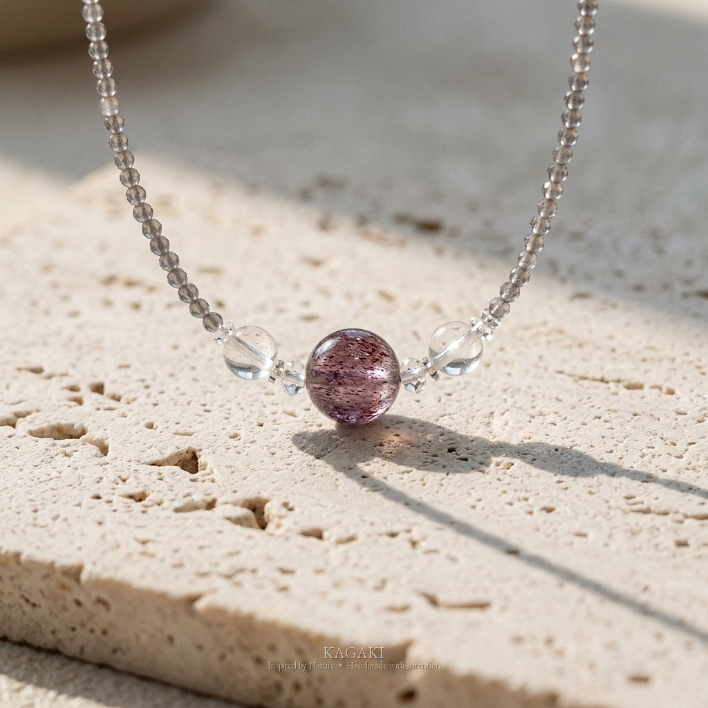 KAGAKI Seven super seven crystal necklace, studio styled view, handmade super seven crystal