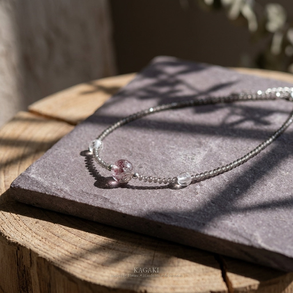 KAGAKI Seven super seven crystal necklace, studio styled view, handmade super seven crystal