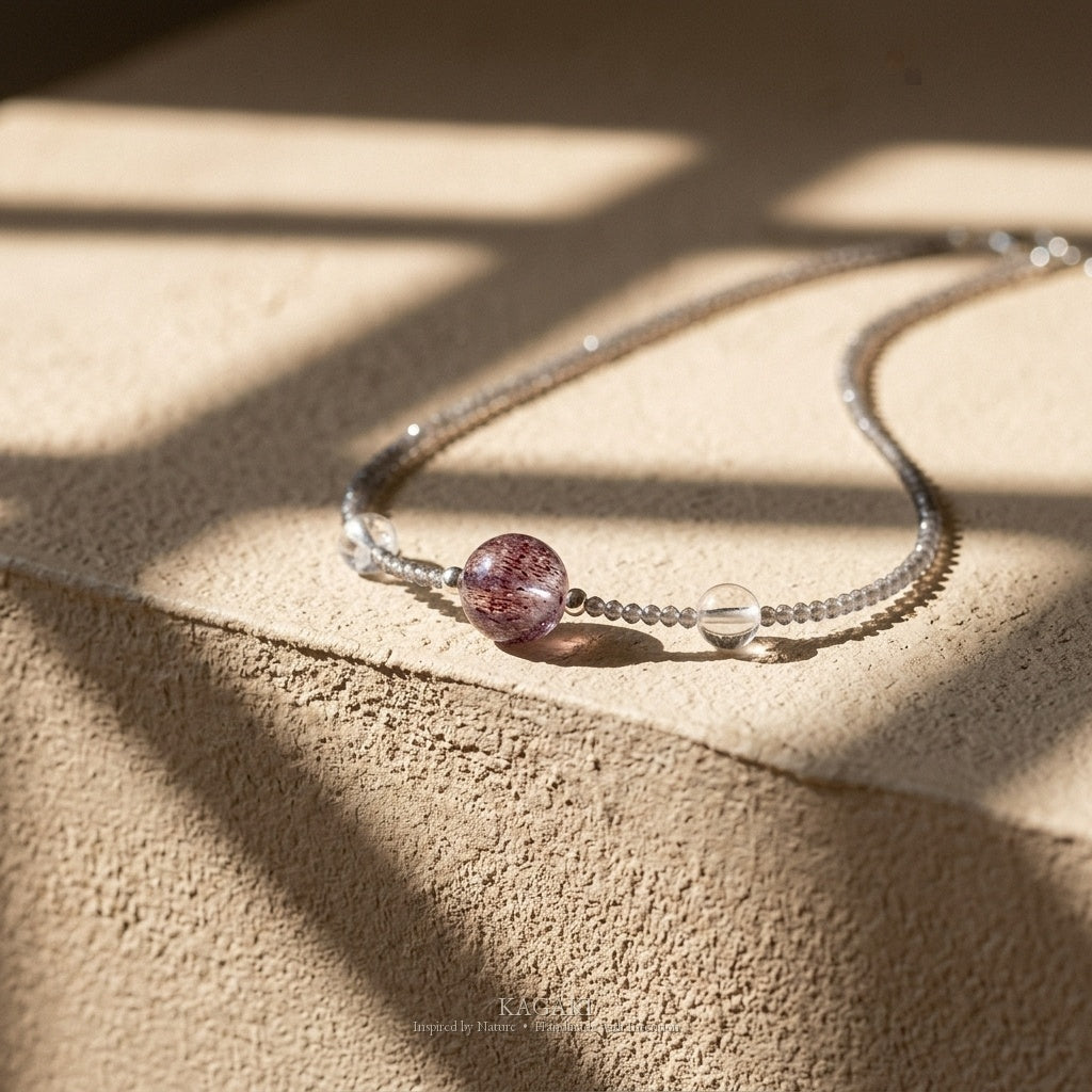 KAGAKI Seven super seven crystal necklace, studio styled view, handmade super seven crystal