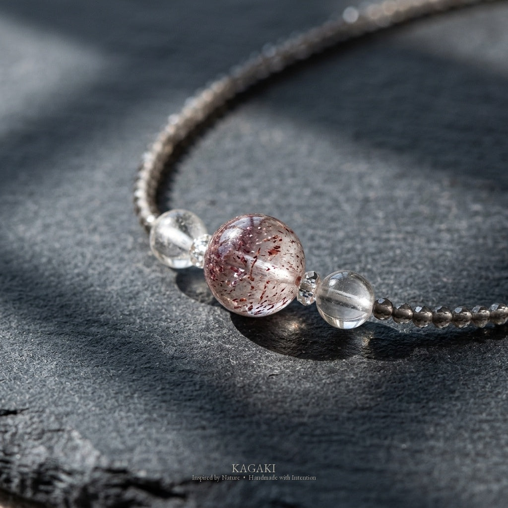 KAGAKI Seven super seven crystal necklace, studio styled view, handmade super seven crystal