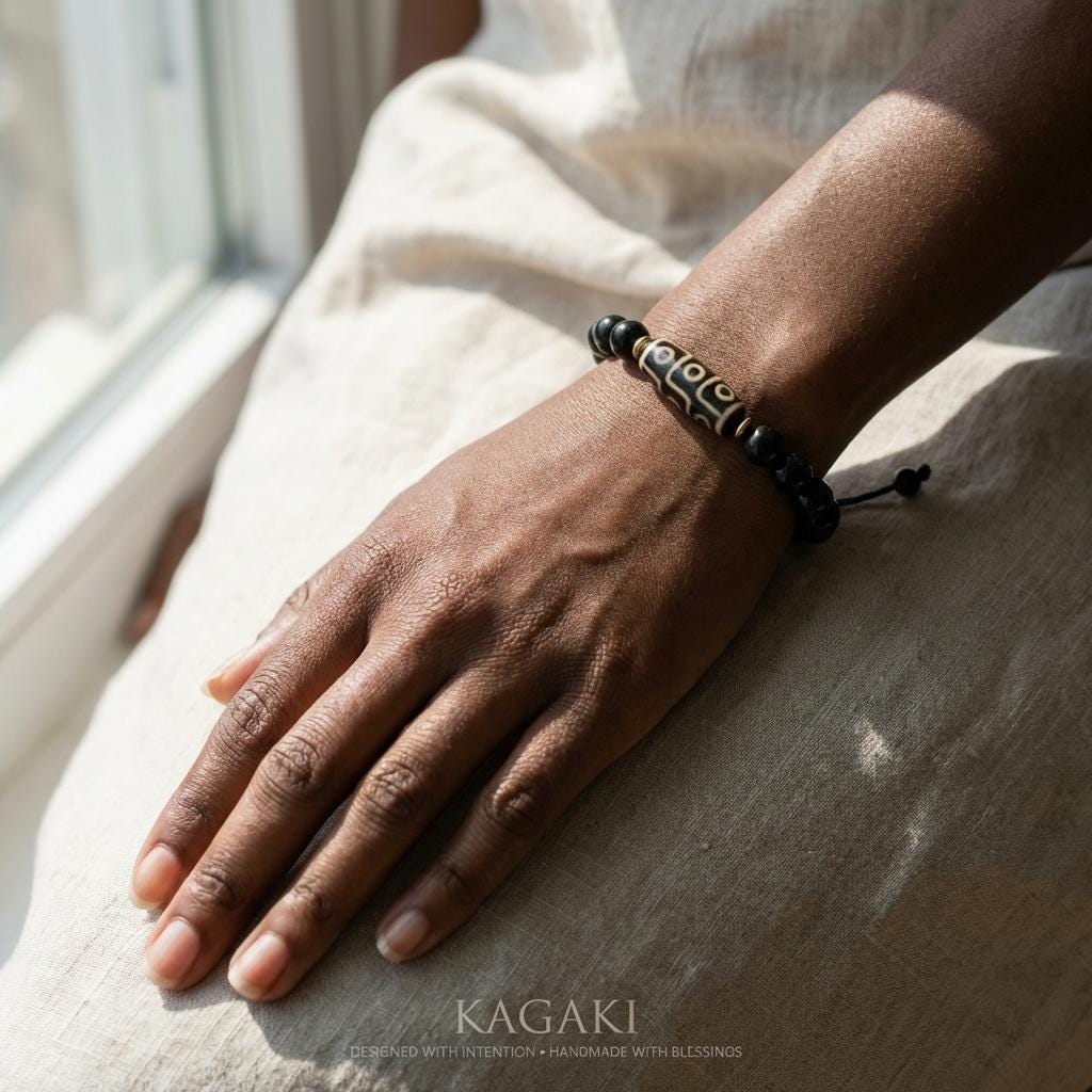 KAGAKI obsidian dzi bead bracelet in deep black obsidian, gift packaging, for meditation and daily intention