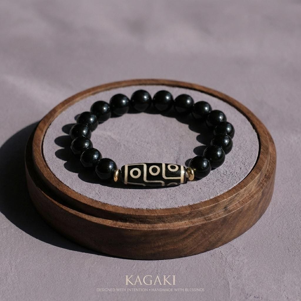 KAGAKI obsidian dzi bead bracelet in deep black obsidian, main, for meditation and daily intention