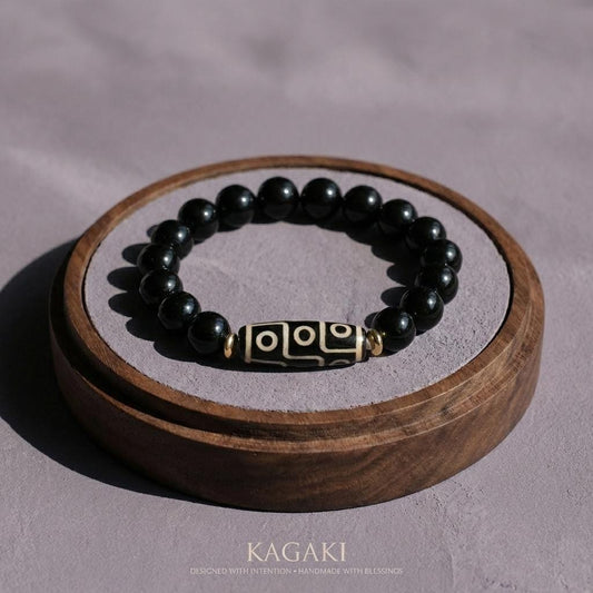 KAGAKI obsidian dzi bead bracelet in deep black obsidian, main, for meditation and daily intention