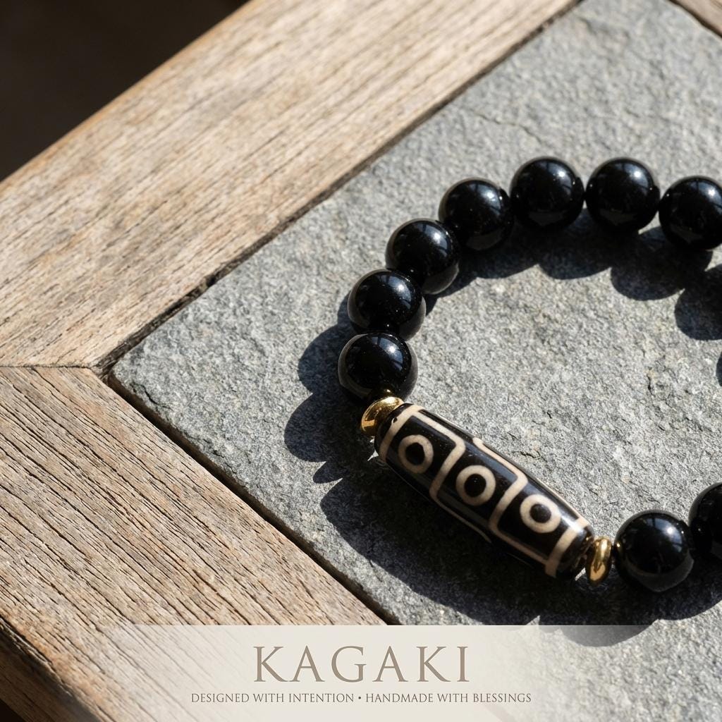 KAGAKI obsidian dzi bead bracelet in deep black obsidian, packaging detail, for meditation and daily intention