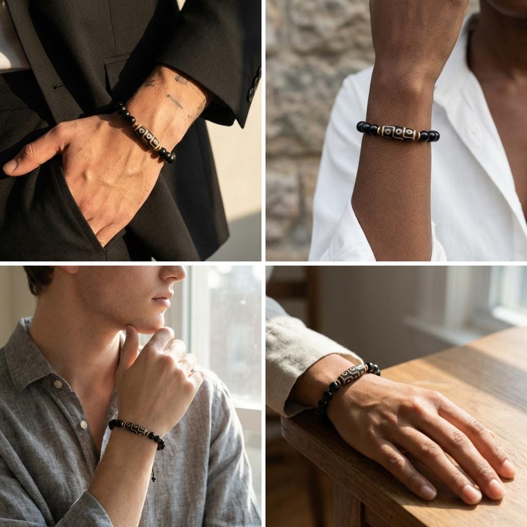 KAGAKI obsidian dzi bead bracelet in deep black obsidian, stone close up, for meditation and daily intention