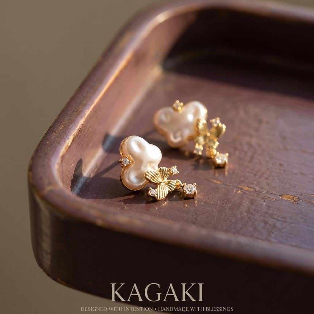 KAGAKI pearl butterfly stud earrings in gold and pearl, alternate angle, for daily wear and gifting