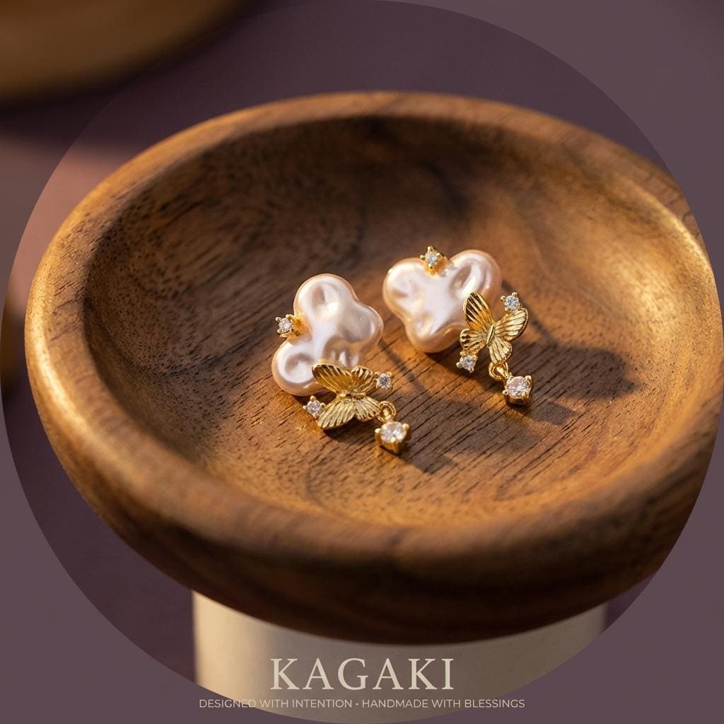 KAGAKI pearl butterfly stud earrings in gold and pearl, flat lay, for daily wear and gifting