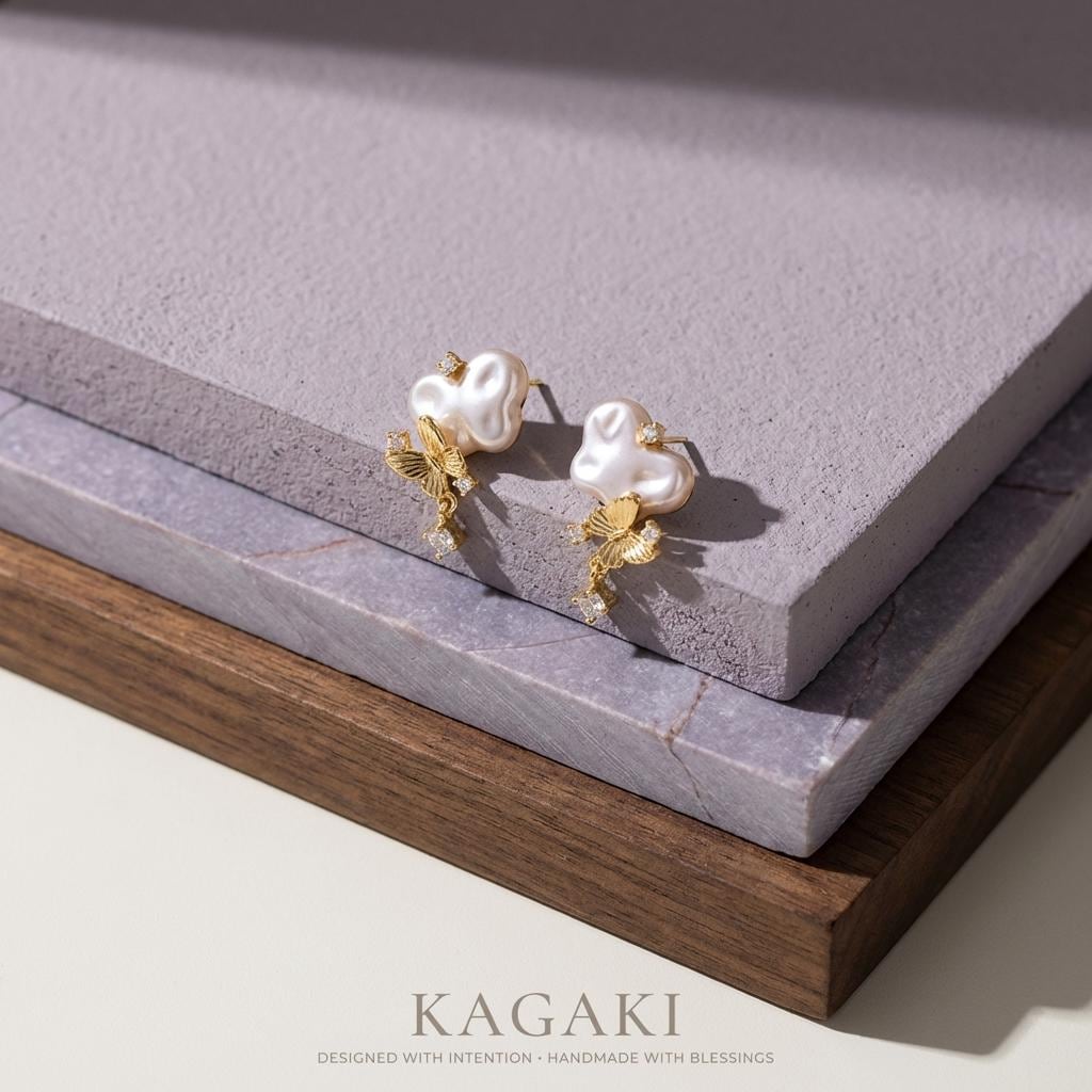 KAGAKI pearl butterfly stud earrings in gold and pearl, gift packaging, for daily wear and gifting