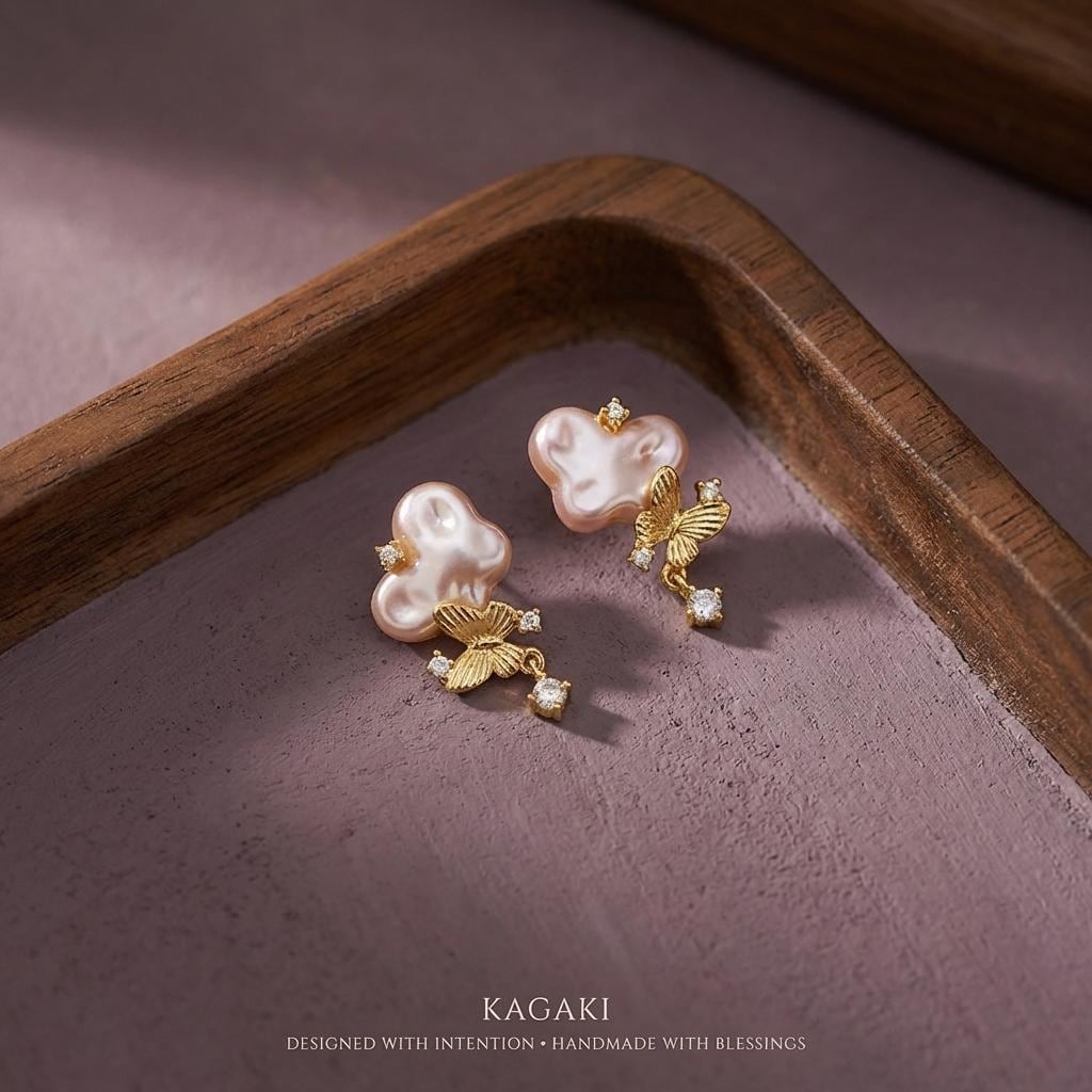 KAGAKI pearl butterfly stud earrings in gold and pearl, main, for daily wear and gifting