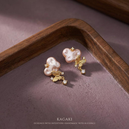 KAGAKI pearl butterfly stud earrings in gold and pearl, main, for daily wear and gifting