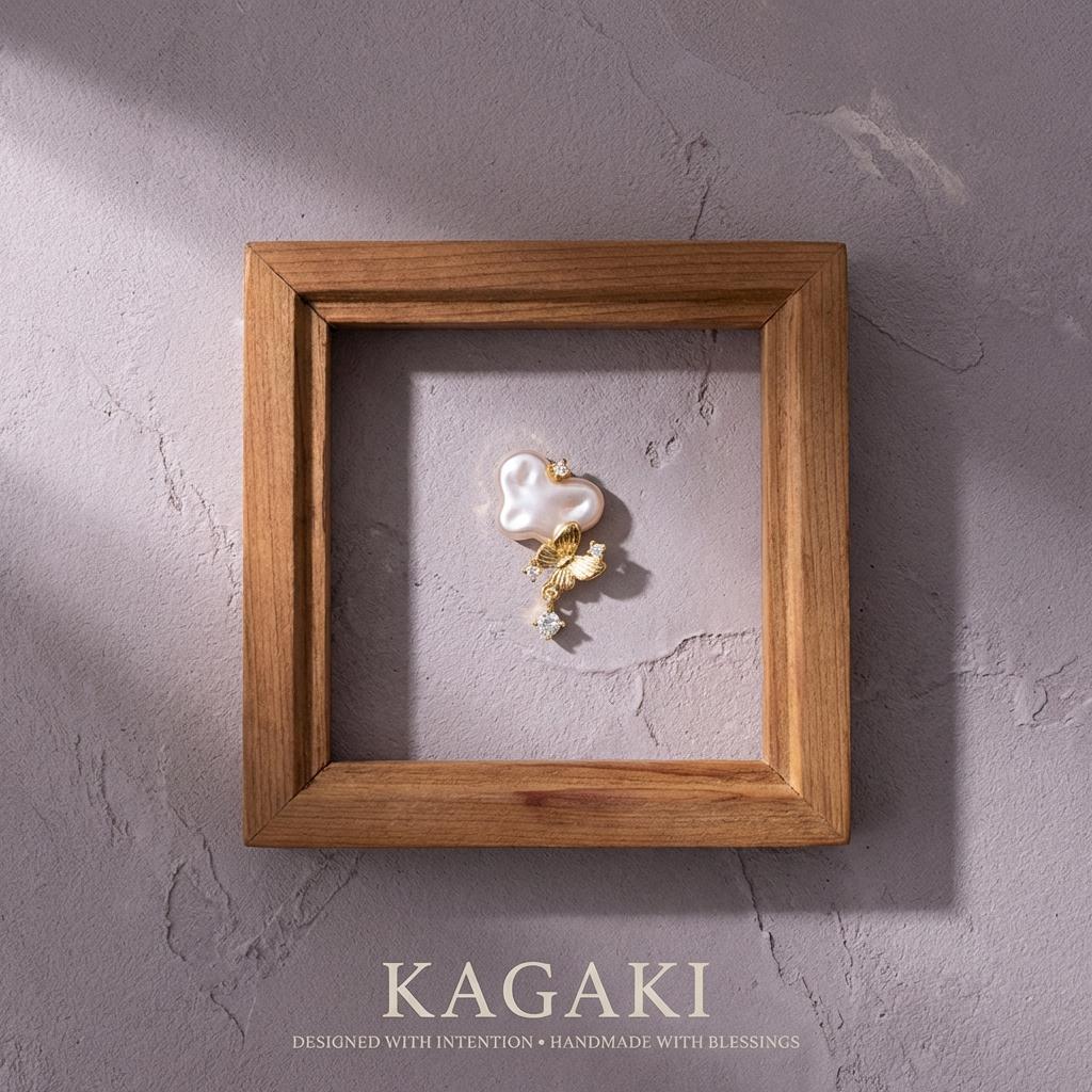 KAGAKI pearl butterfly stud earrings in gold and pearl, material detail, for daily wear and gifting