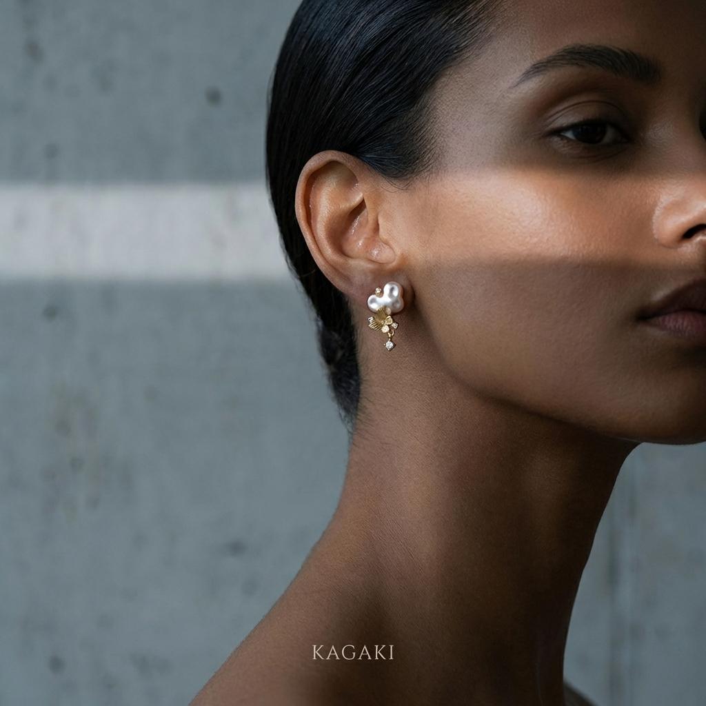 KAGAKI pearl butterfly stud earrings in gold and pearl, profile view, for daily wear and gifting