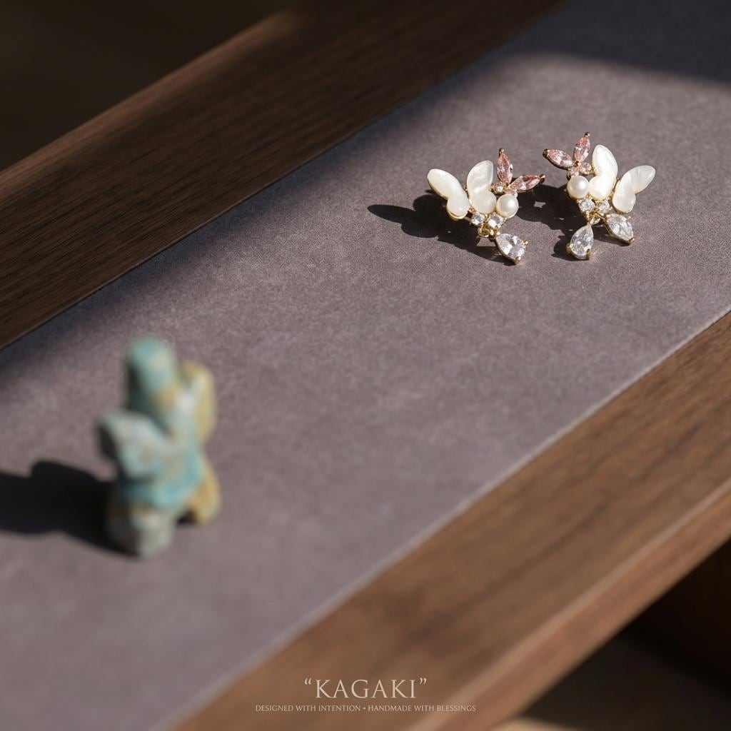 KAGAKI pearl gold butterfly floral earrings in pearl with gold, alternate angle, for daily wear and gifting