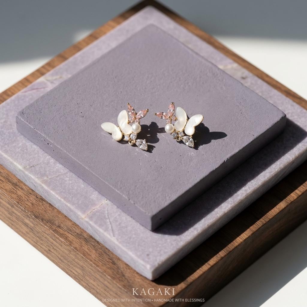 KAGAKI pearl gold butterfly floral earrings in pearl with gold, gift packaging, for daily wear and gifting