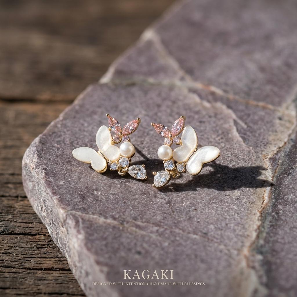 KAGAKI pearl gold butterfly floral earrings in pearl with gold, main, for daily wear and gifting