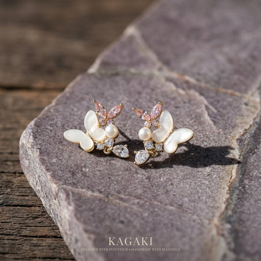 KAGAKI pearl gold butterfly floral earrings in pearl with gold, main, for daily wear and gifting