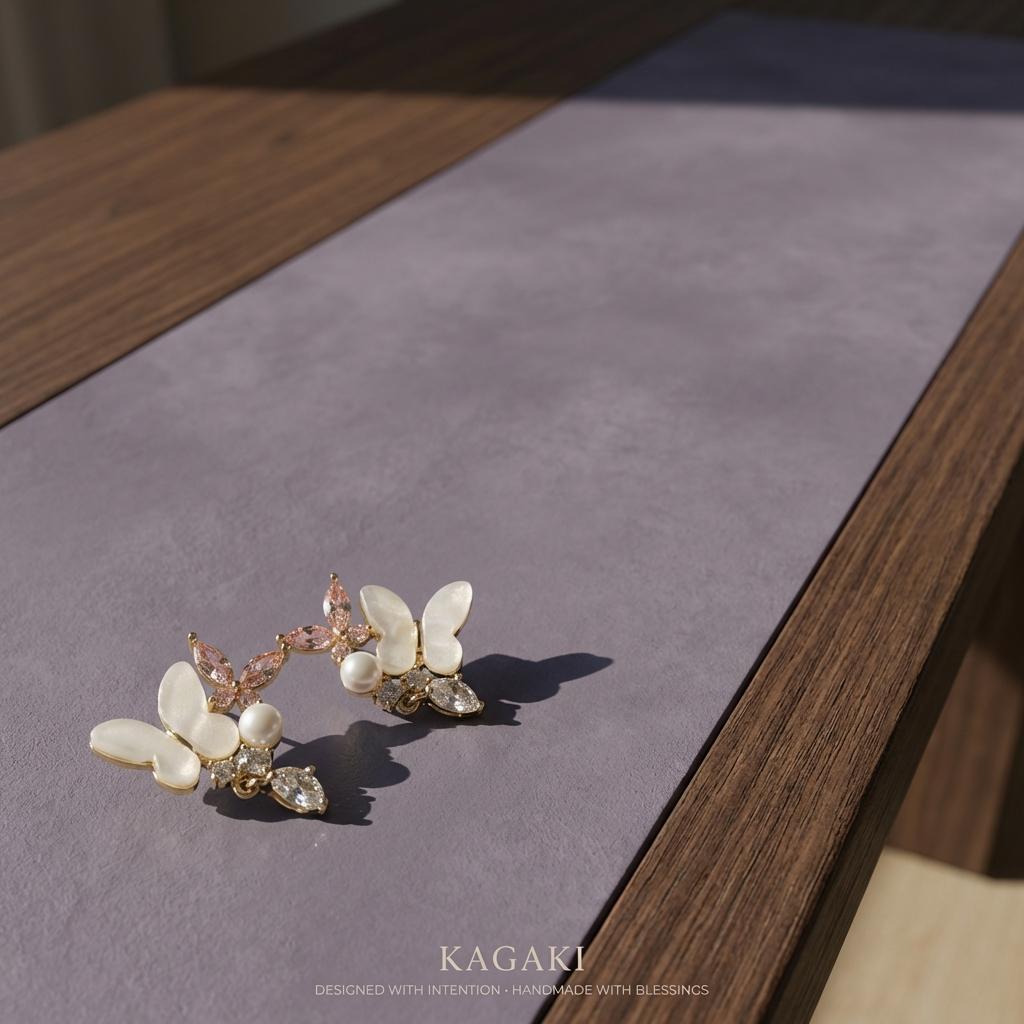 KAGAKI pearl gold butterfly floral earrings in pearl with gold, material detail, for daily wear and gifting