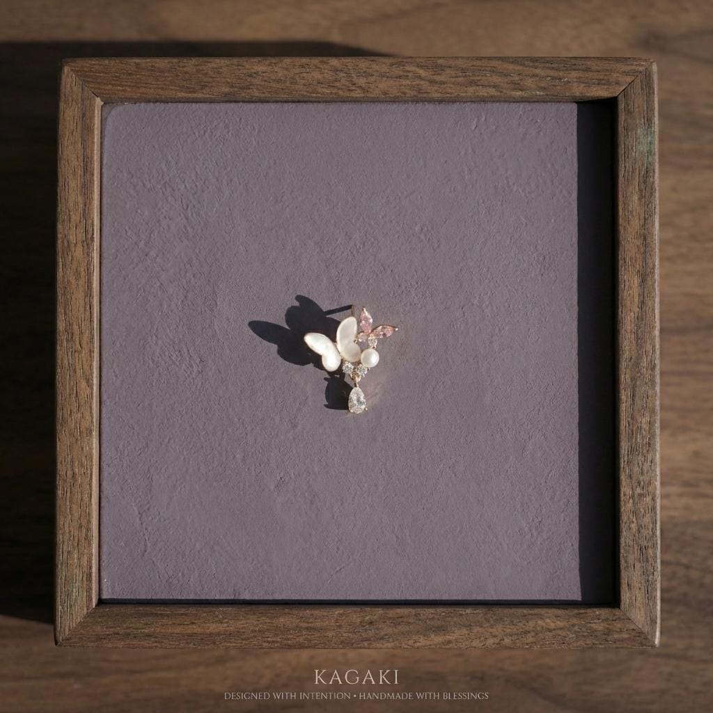 KAGAKI pearl gold butterfly floral earrings in pearl with gold, on ear, for daily wear and gifting