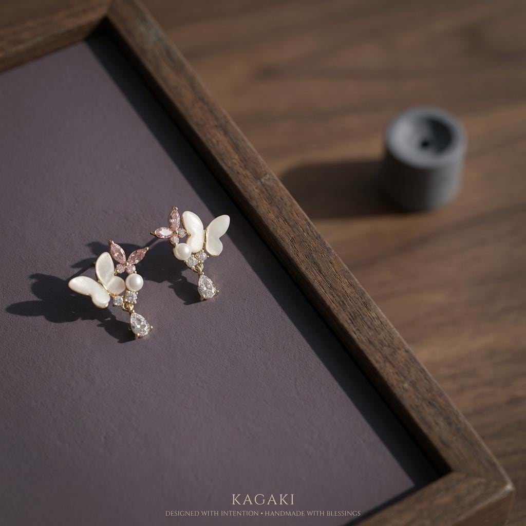 KAGAKI pearl gold butterfly floral earrings in pearl with gold, profile view, for daily wear and gifting
