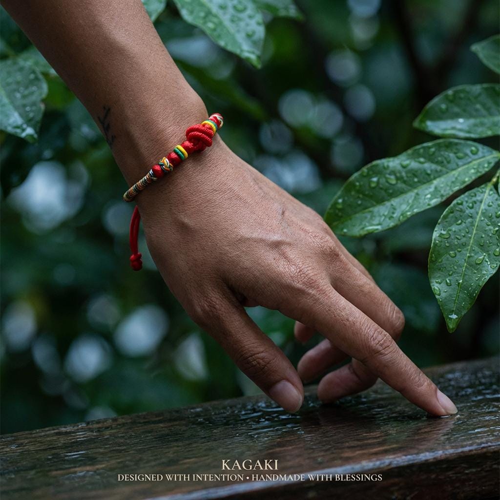 KAGAKI rainbow red string cord bracelet in rainbow with red, alternate angle, for meditation and daily intention