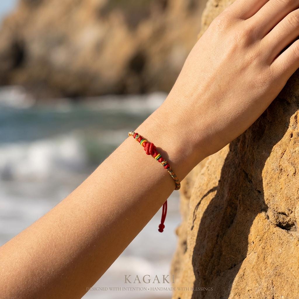 KAGAKI rainbow red string cord bracelet in rainbow with red, flat lay, for meditation and daily intention