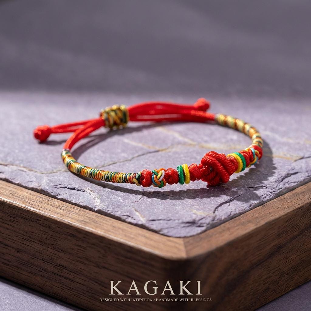KAGAKI rainbow red string cord bracelet in rainbow with red, knot detail, for meditation and daily intention