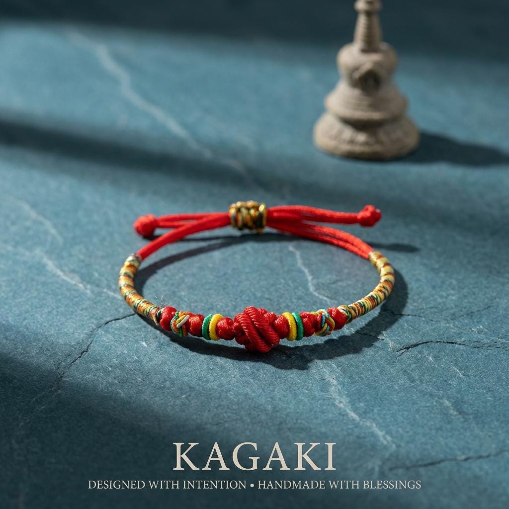 KAGAKI rainbow red string cord bracelet in rainbow with red, on wrist, for meditation and daily intention