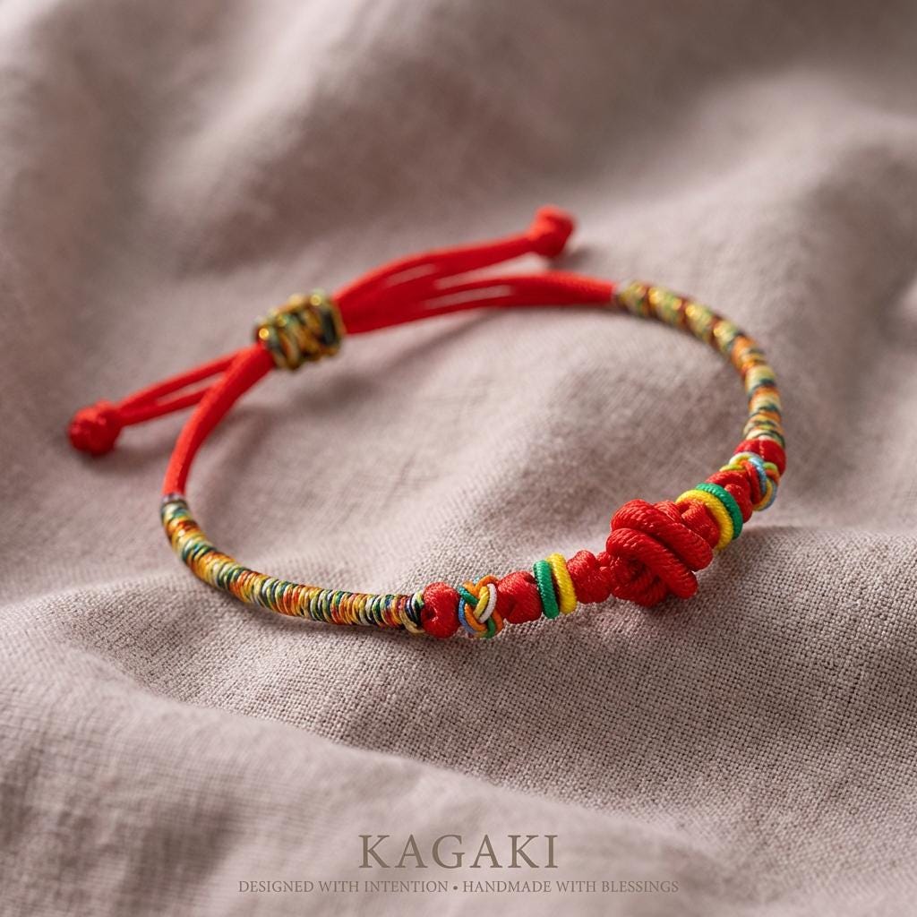 KAGAKI rainbow red string cord bracelet in rainbow with red, packaging detail, for meditation and daily intention