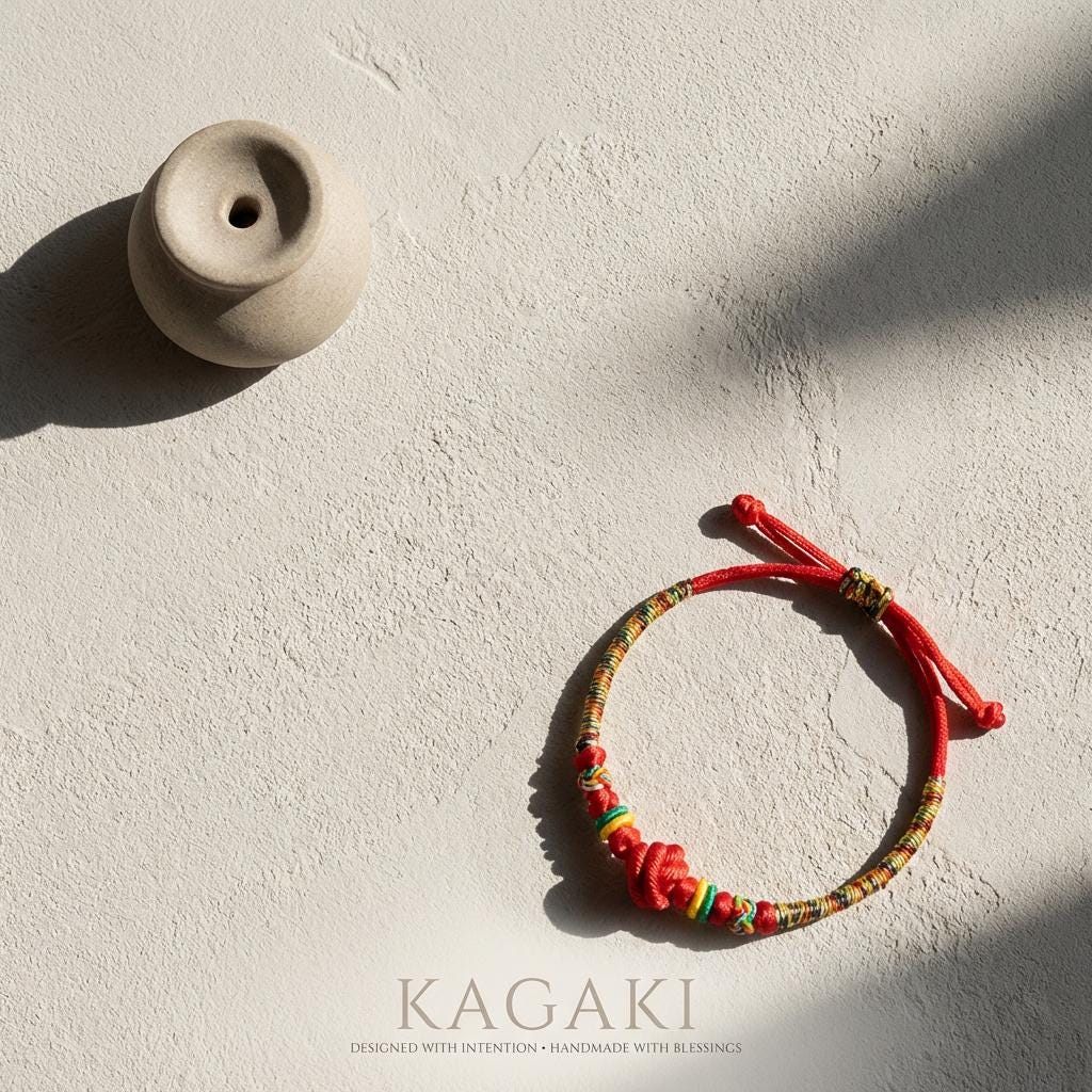 KAGAKI rainbow red string cord bracelet in rainbow with red, scale on hand, for meditation and daily intention