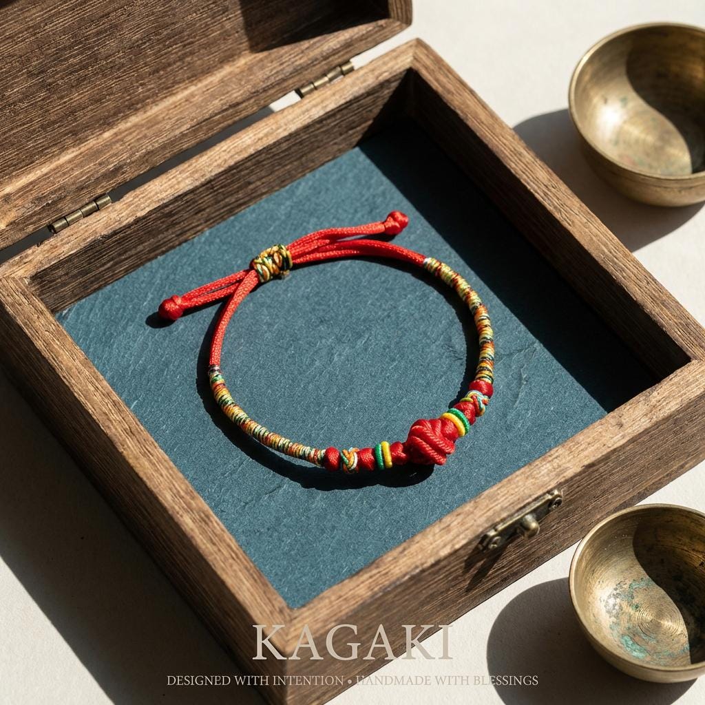 KAGAKI rainbow red string cord bracelet in rainbow with red, variation showcase, for meditation and daily intention