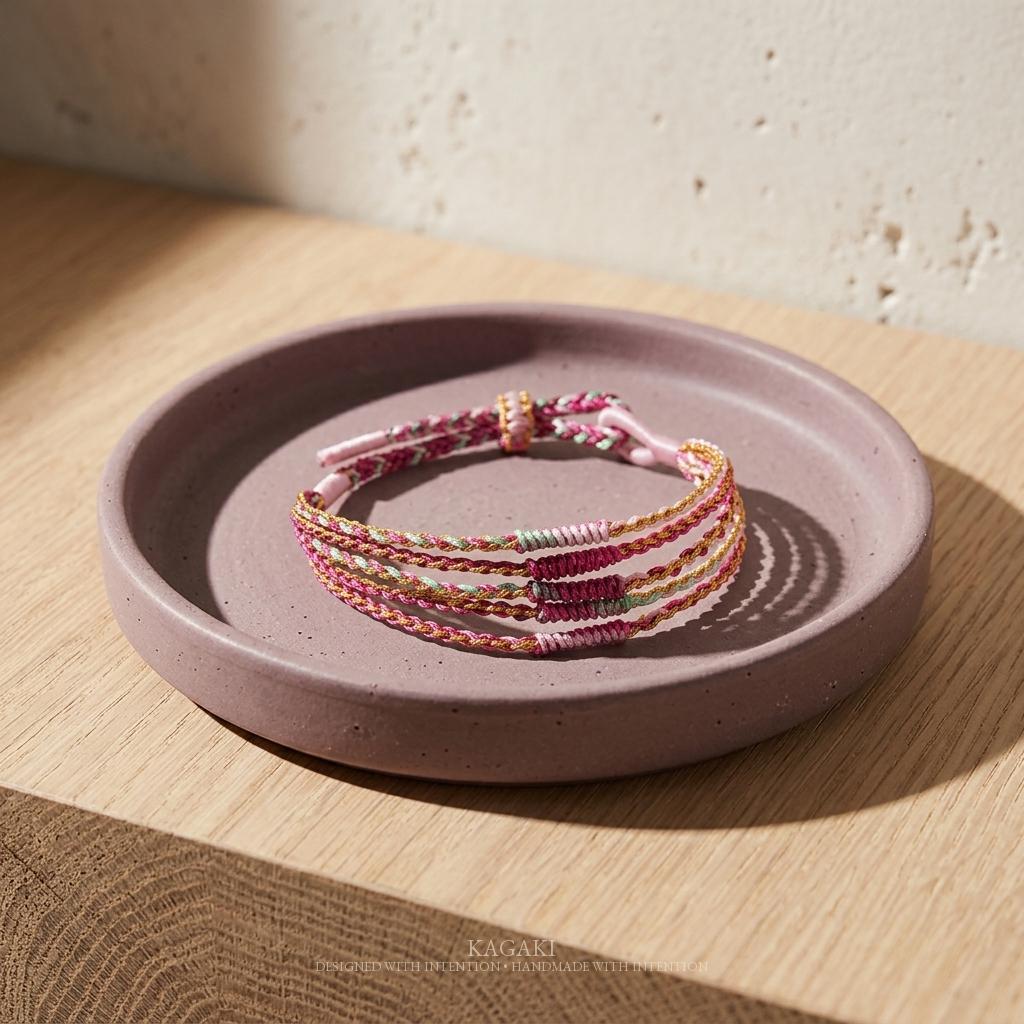 KAGAKI rainbow tibetan cord bracelet in rainbow multicolor, alternate angle, for meditation and daily intention