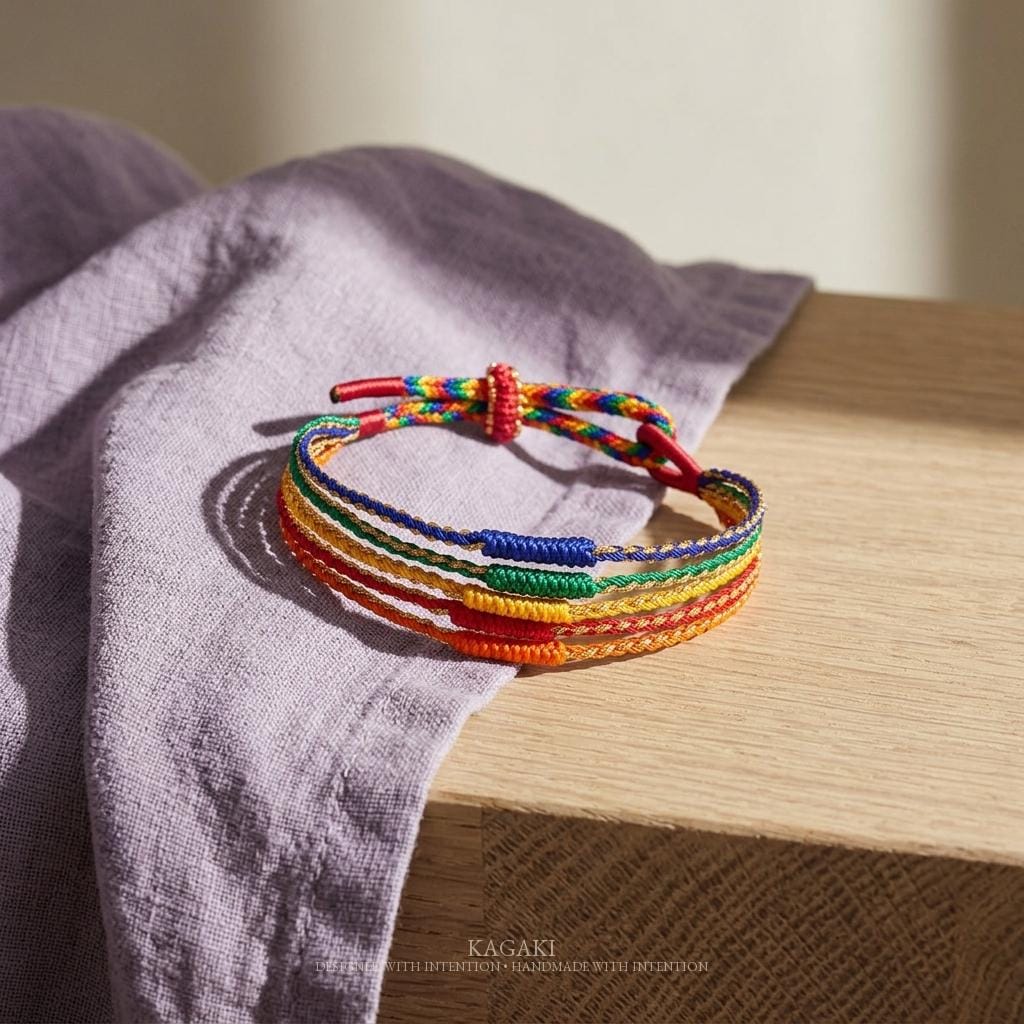 KAGAKI rainbow tibetan cord bracelet in rainbow multicolor, knot detail, for meditation and daily intention