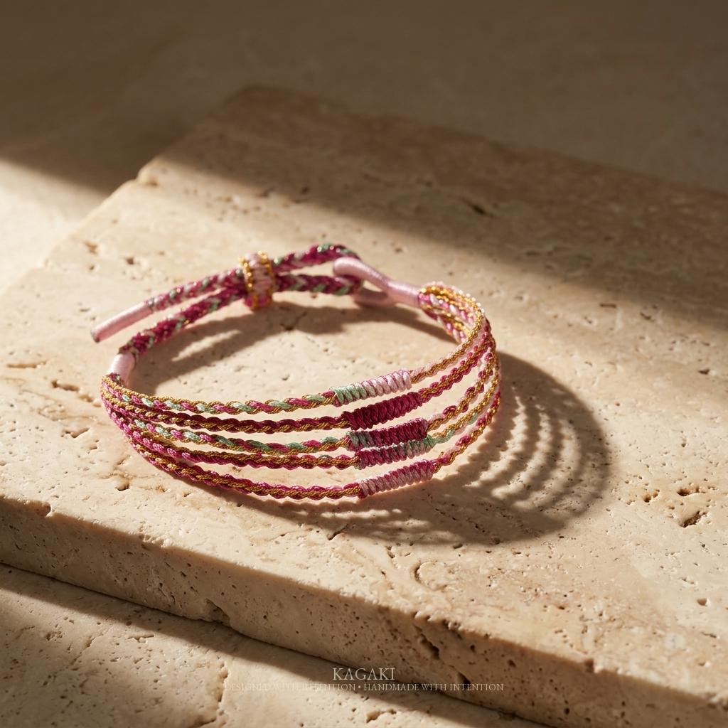 KAGAKI rainbow tibetan cord bracelet in rainbow multicolor, packaging detail, for meditation and daily intention