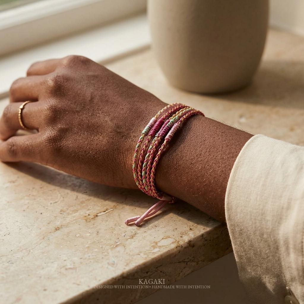 KAGAKI rainbow tibetan cord bracelet in rainbow multicolor, scale on hand, for meditation and daily intention
