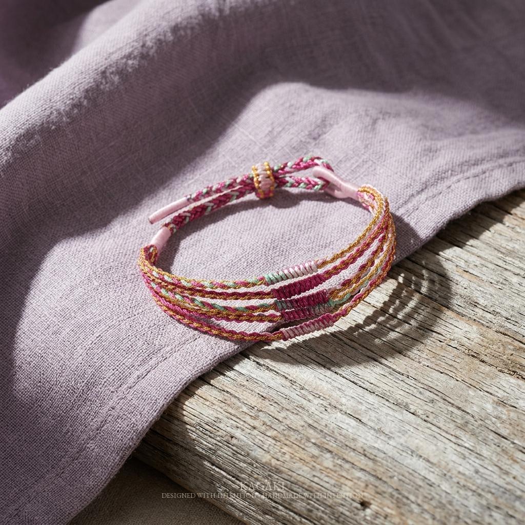 KAGAKI rainbow tibetan cord bracelet in rainbow multicolor, variation showcase, for meditation and daily intention