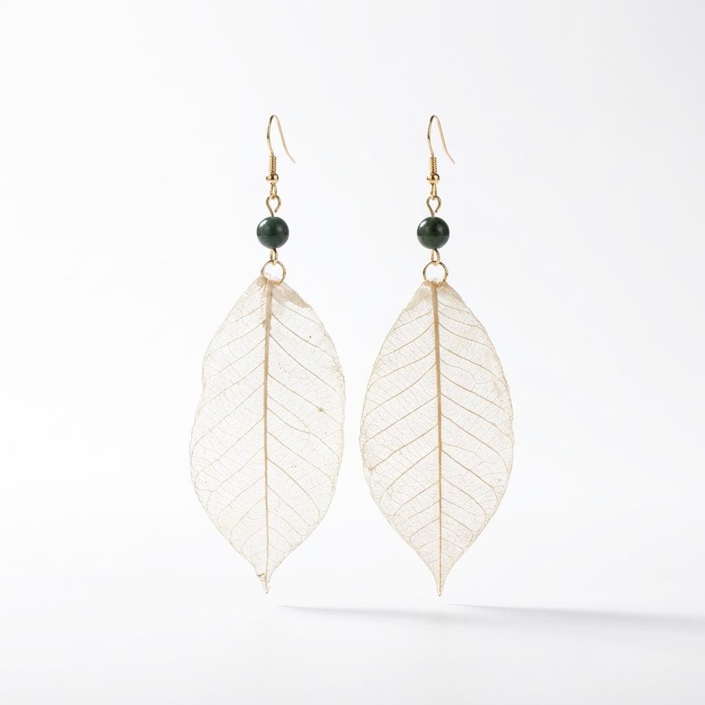 KAGAKI real leaf resin botanical earrings in natural green leaf, alternate angle, for daily wear and gifting