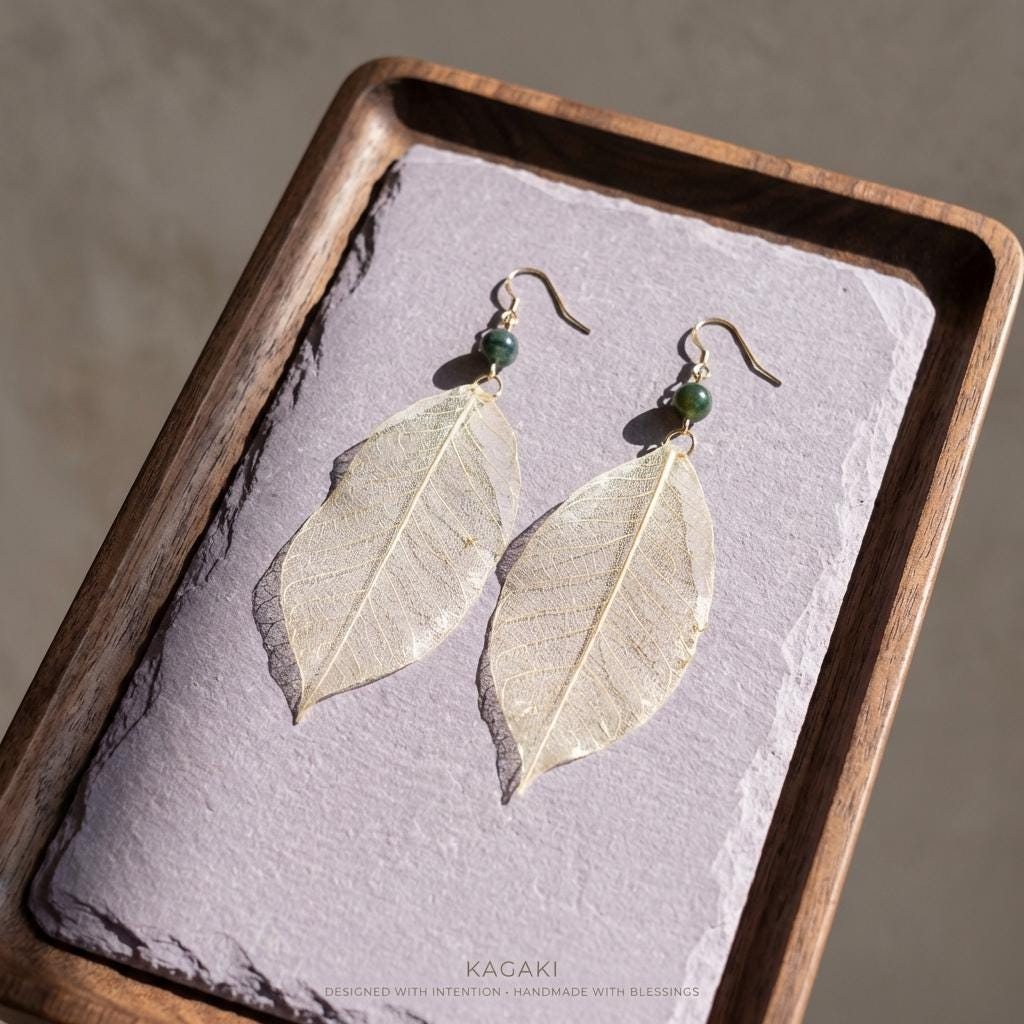 KAGAKI real leaf resin botanical earrings in natural green leaf, flat lay, for daily wear and gifting