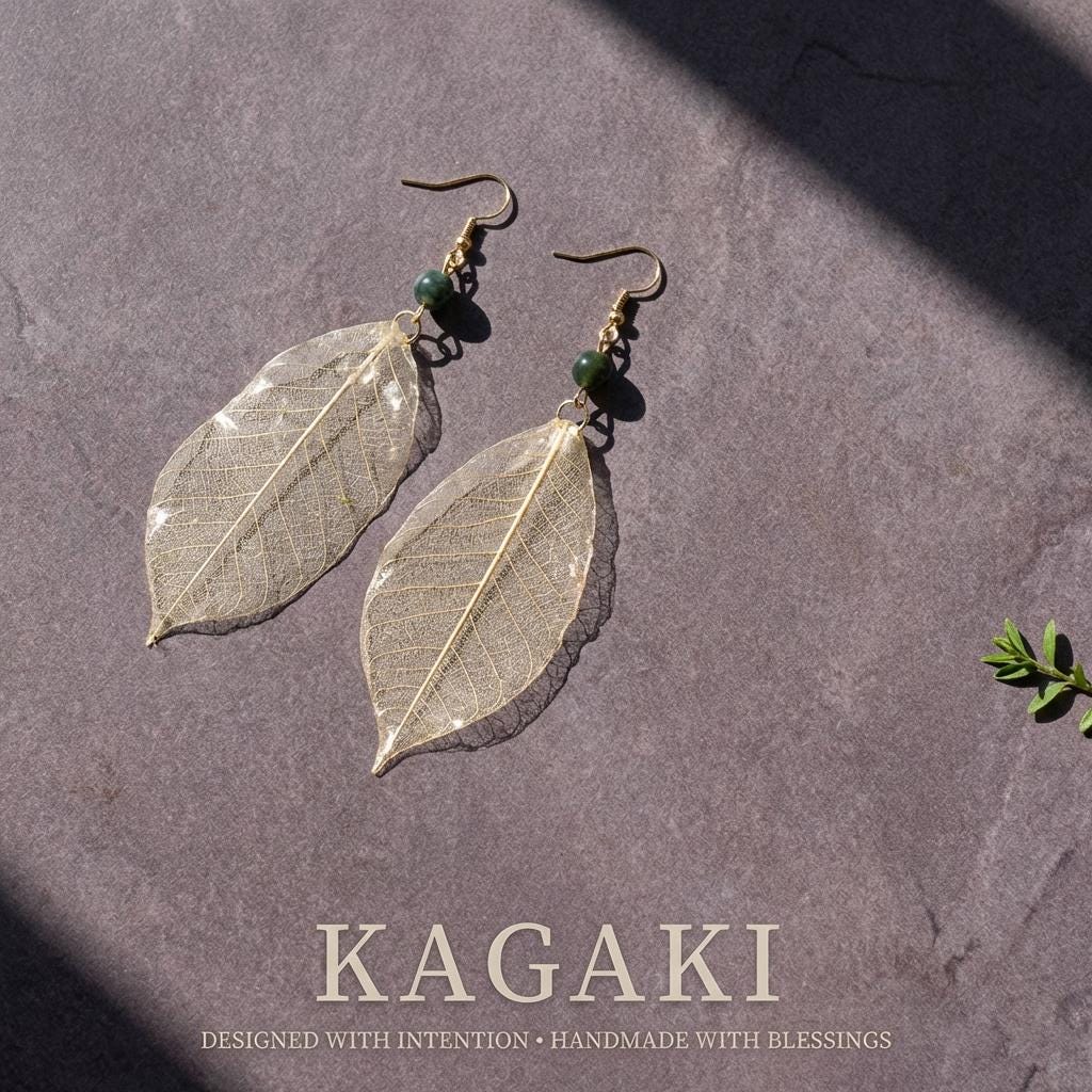 KAGAKI real leaf resin botanical earrings in natural green leaf, gift packaging, for daily wear and gifting