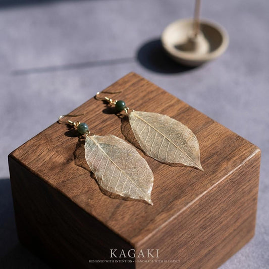 KAGAKI real leaf resin botanical earrings in natural green leaf, main, for daily wear and gifting