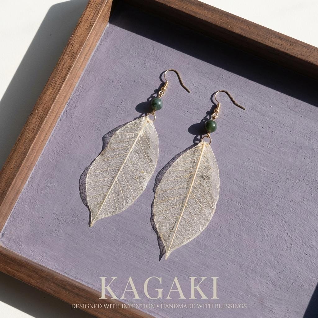 KAGAKI real leaf resin botanical earrings in natural green leaf, material detail, for daily wear and gifting