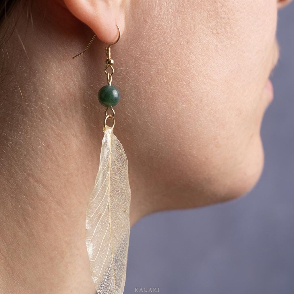 KAGAKI real leaf resin botanical earrings in natural green leaf, on ear, for daily wear and gifting