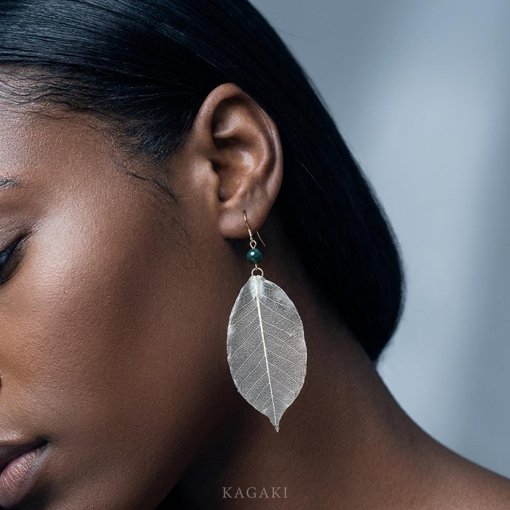 KAGAKI real leaf resin botanical earrings in natural green leaf, profile view, for daily wear and gifting