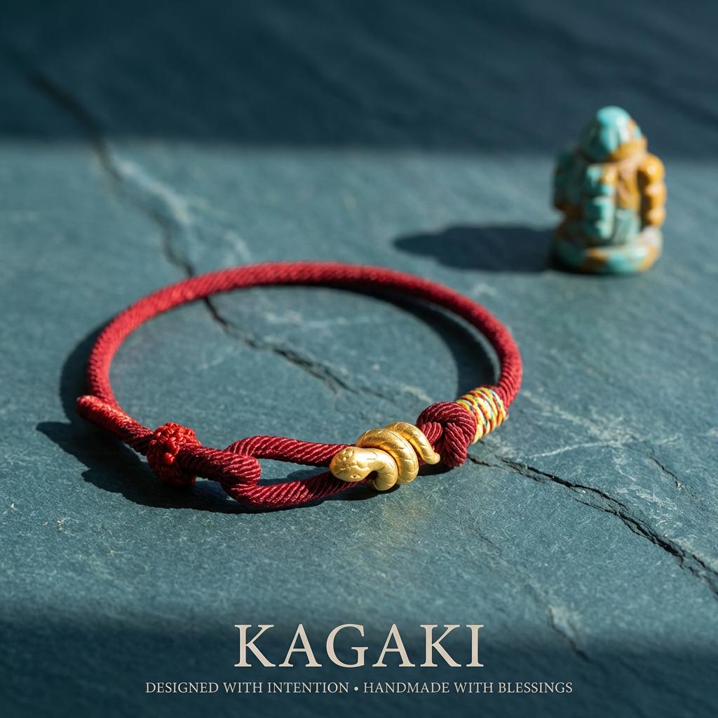 KAGAKI red string snake knot bracelet in warm red, alternate angle, for meditation and daily intention