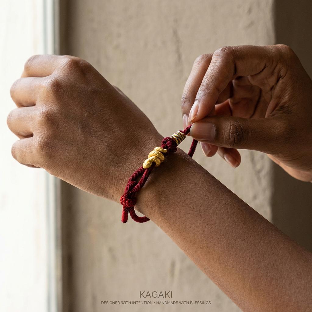 KAGAKI red string snake knot bracelet in warm red, gift packaging, for meditation and daily intention