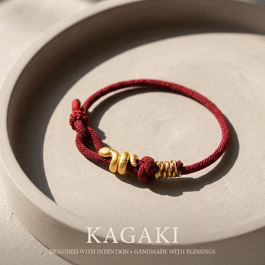 KAGAKI red string snake knot bracelet in warm red, knot detail, for meditation and daily intention