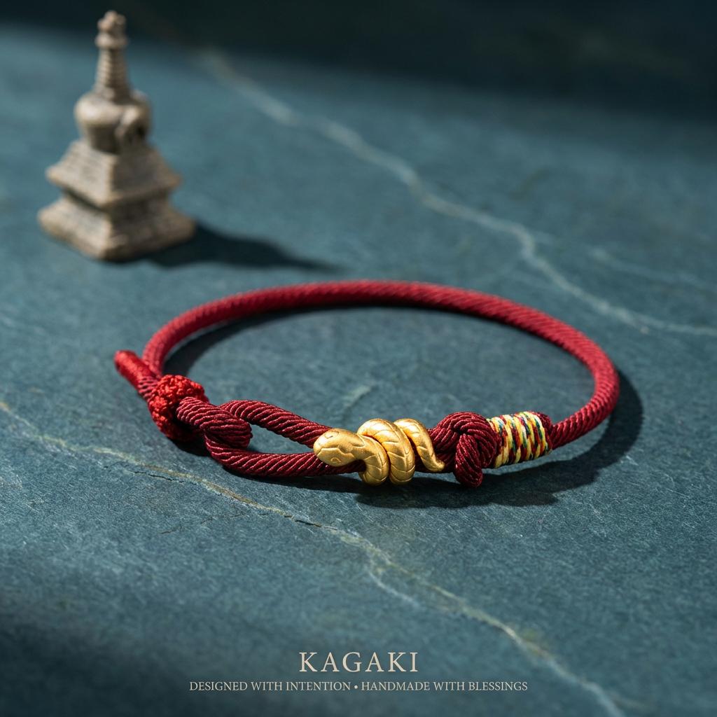 KAGAKI red string snake knot bracelet in warm red, on wrist, for meditation and daily intention