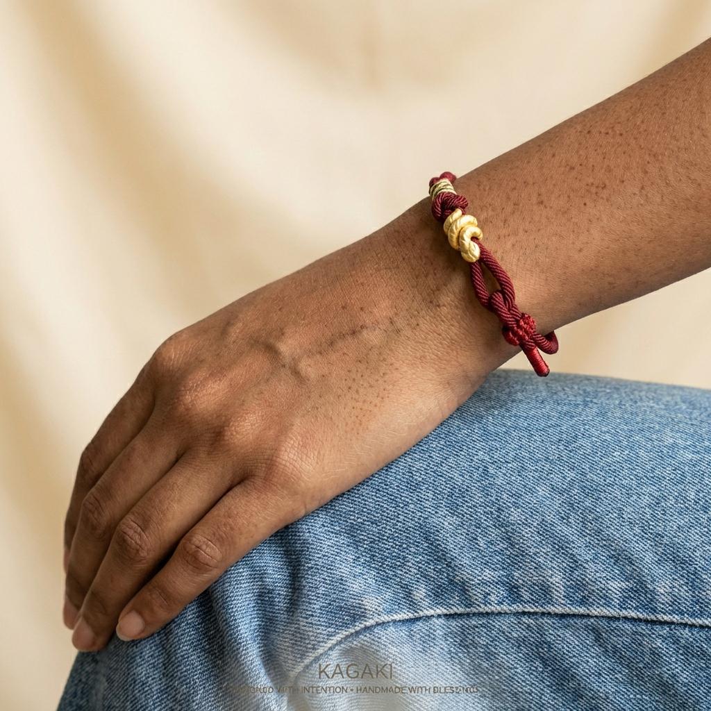 KAGAKI red string snake knot bracelet in warm red, scale on hand, for meditation and daily intention