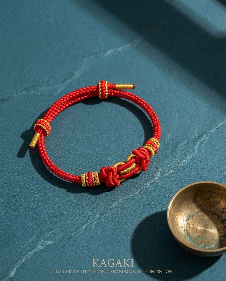 KAGAKI red string tibetan cord bracelet in warm red, alternate angle, for meditation and daily intention