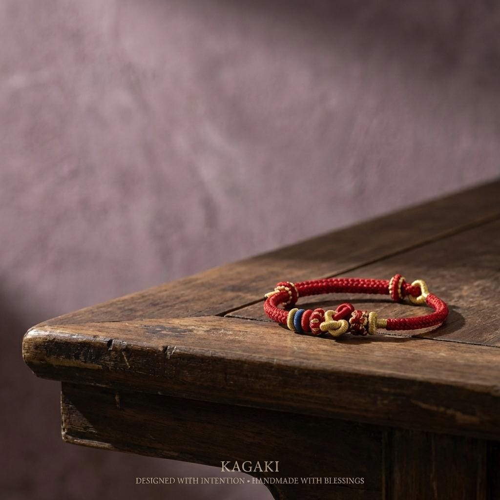 KAGAKI red string tibetan cord bracelet in warm red, alternate angle, for meditation and daily intention